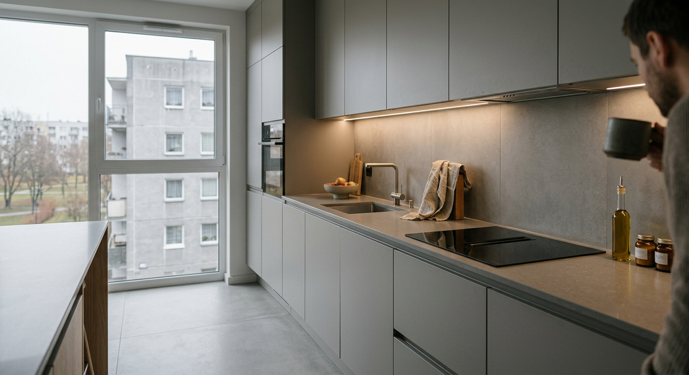 A modern kitchen features sleek, dark cabinetry, a&nbsp;large island with a&nbsp;light countertop, and integrated appliances, illuminated by natural light from a&nbsp;window.