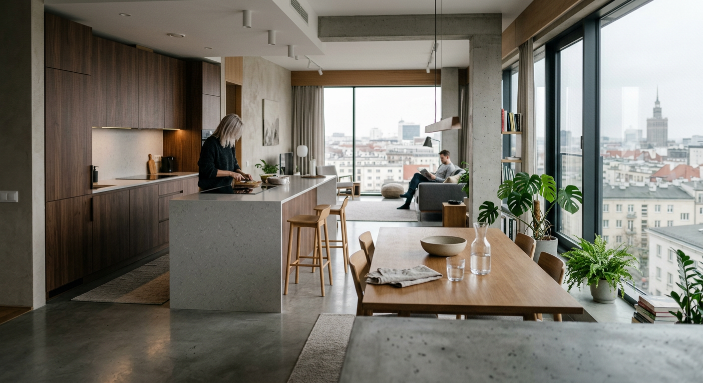 A modern kitchen features sleek, dark cabinetry, a&nbsp;light countertop, and a&nbsp;large window overlooking a&nbsp;city skyline.