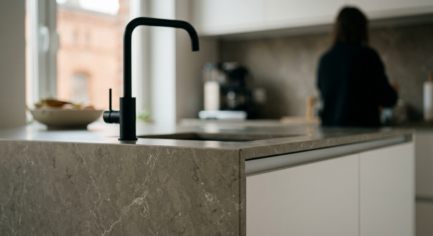 A modern kitchen features sleek, dark cabinetry, a&nbsp;light countertop, and integrated appliances, with a&nbsp;large window offering natural light.