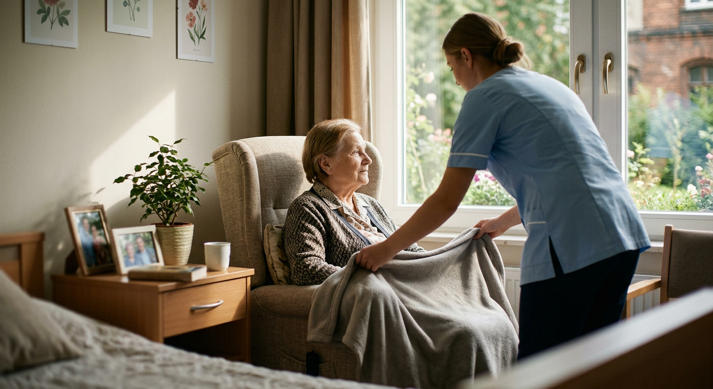The image shows an elderly woman in a wheelchair being cared for by a younger woman in a bright, modern room, suggesting a supportive living environment.