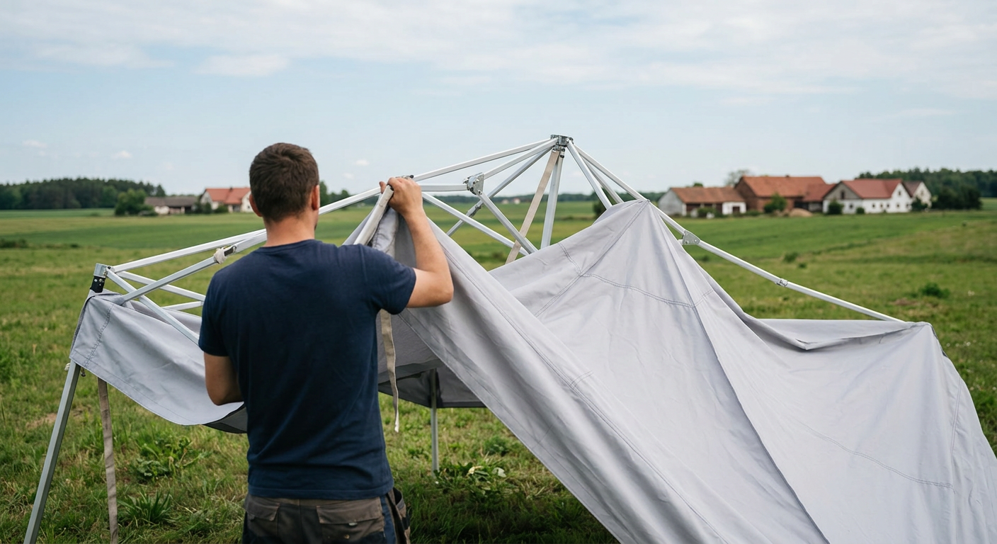 A large white tent is set up in an outdoor grassy area, with people gathered around, suggesting a market or event.