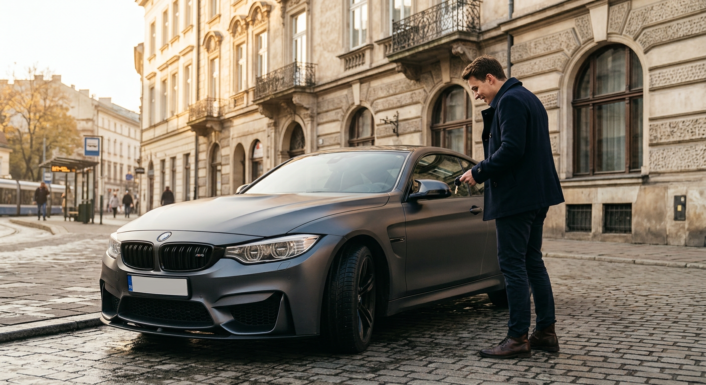 A sleek, modern black luxury car is parked on a city street with blurred buildings in the background, suggesting a premium urban setting.