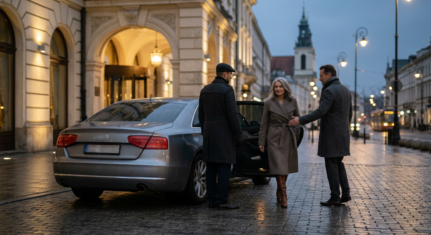 A sleek, dark luxury car is parked on a city street at dusk, with modern European architecture in the background.