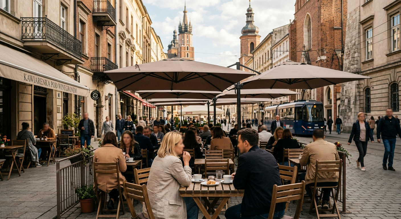 A large, modern patio umbrella stands over a table and chairs on a restaurant terrace, with a blurred background of greenery and buildings.