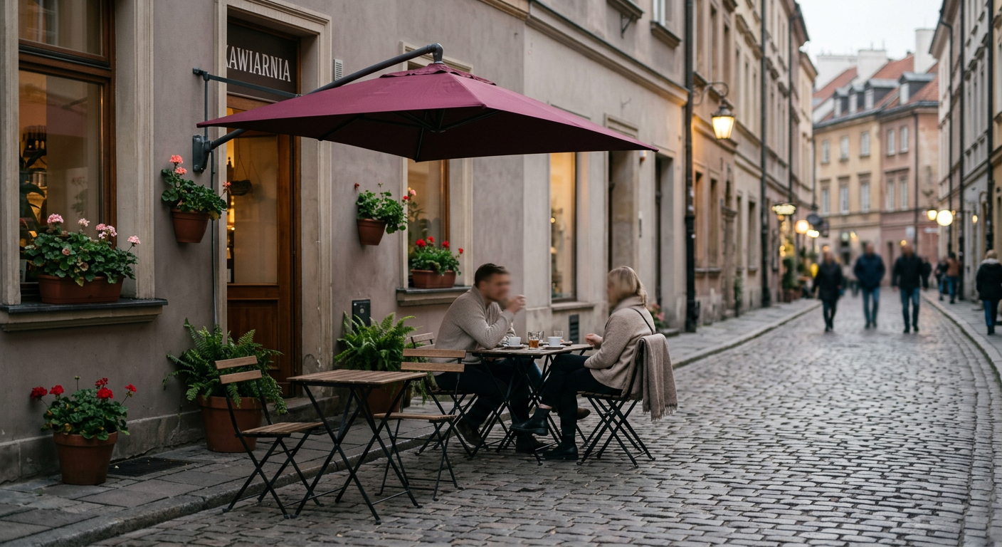 A large, modern patio umbrella stands over a table and chairs on a restaurant terrace, with blurred greenery in the background.