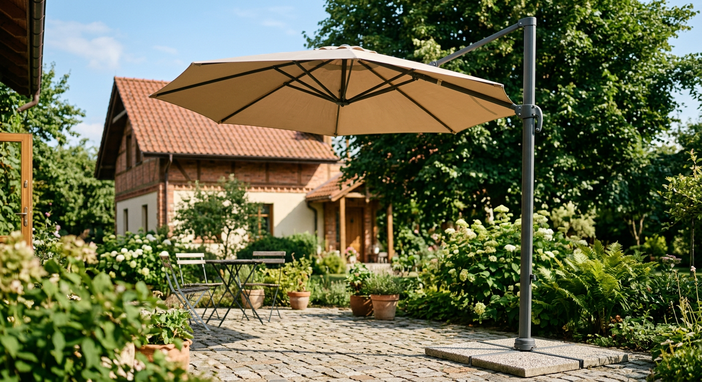 A modern patio umbrella with a sturdy base is shown open over a seating area on a sunny day, with a blurred garden in the background.