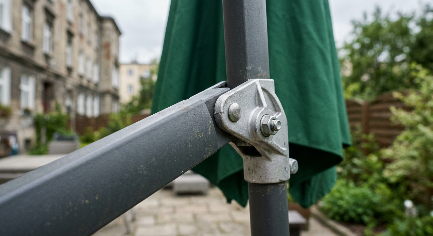 A modern, sturdy garden umbrella with a cross base is shown on a patio with outdoor furniture, suggesting a stable setup for summer.