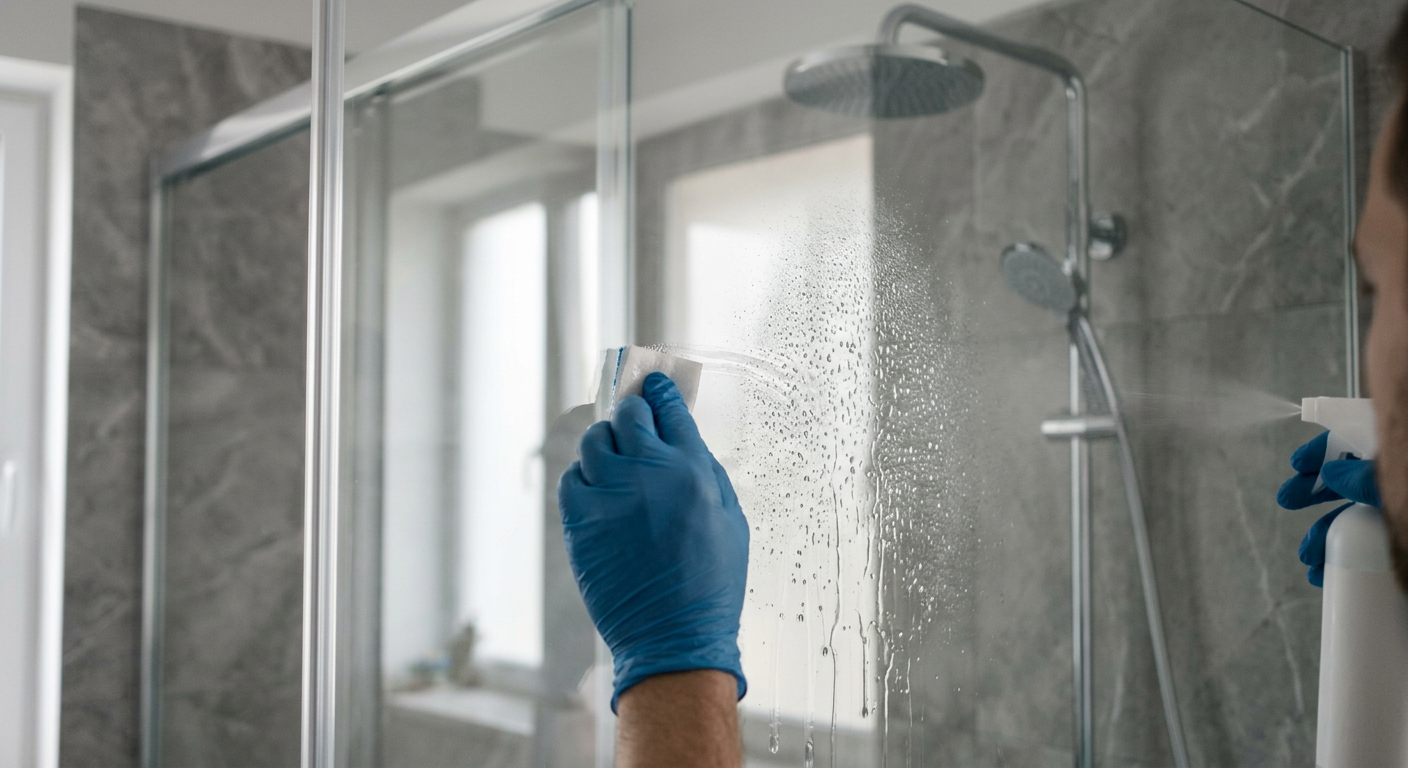 A close-up shot shows a hand spraying a cleaning product onto a glass shower door, with water droplets visible on the surface.