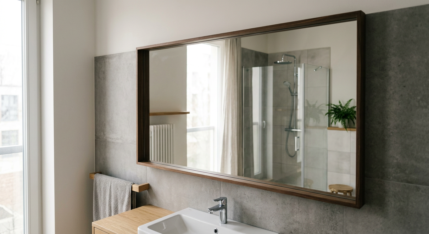 A close-up shot of a modern, clean bathroom with a glass shower screen, showcasing water droplets on the surface.