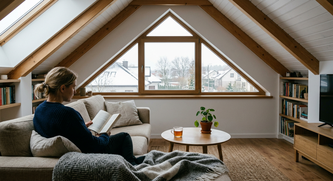 A modern, minimalist interior features a unique, large, irregularly shaped window that offers a view of a serene, snowy landscape.