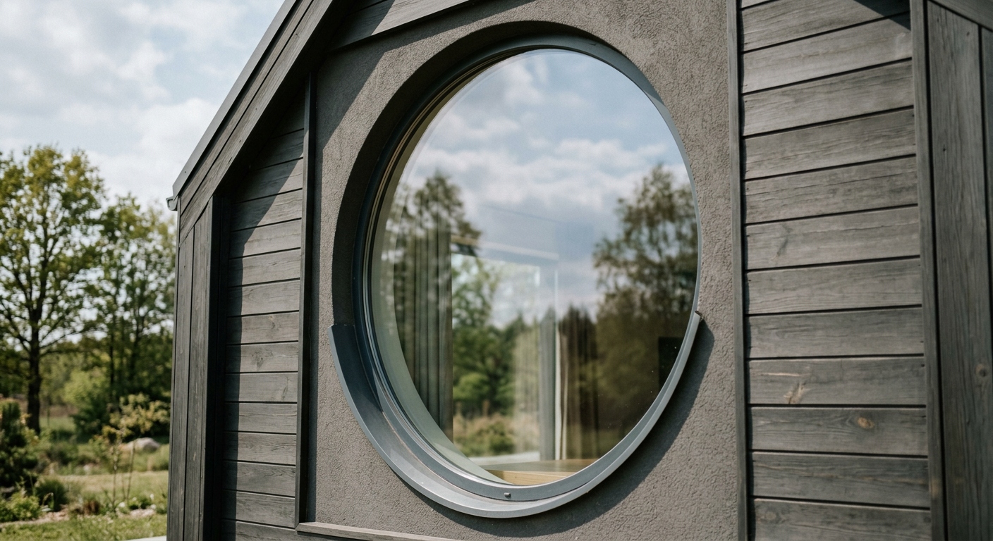 A modern, minimalist interior features a large, irregularly shaped window offering a view of a snowy landscape.