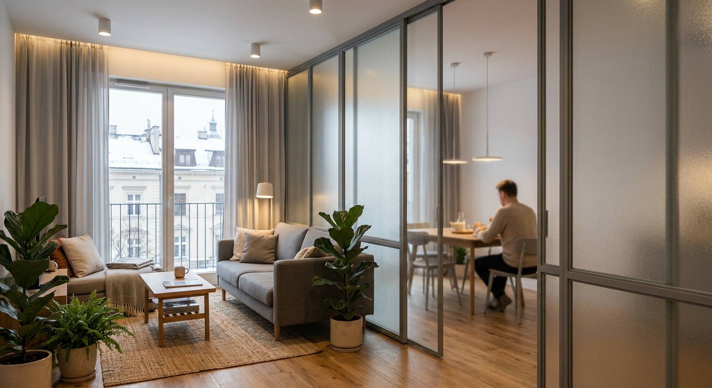 A modern, bright living space featuring a stylish black-framed loft partition with a door, separating a bedroom area from the main living space, showcasing contemporary design and functionality.