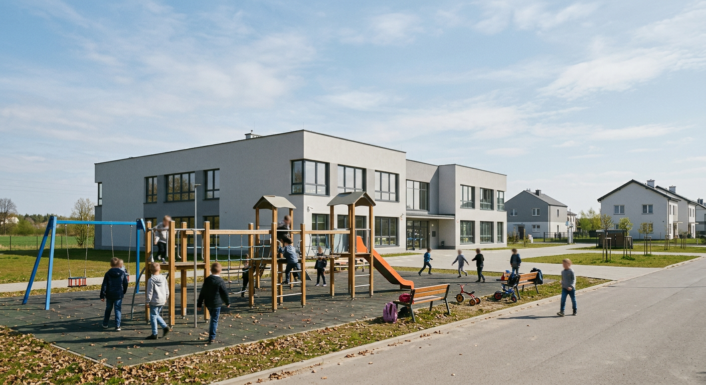 The image displays a modern school building with children playing outside, suggesting educational infrastructure.