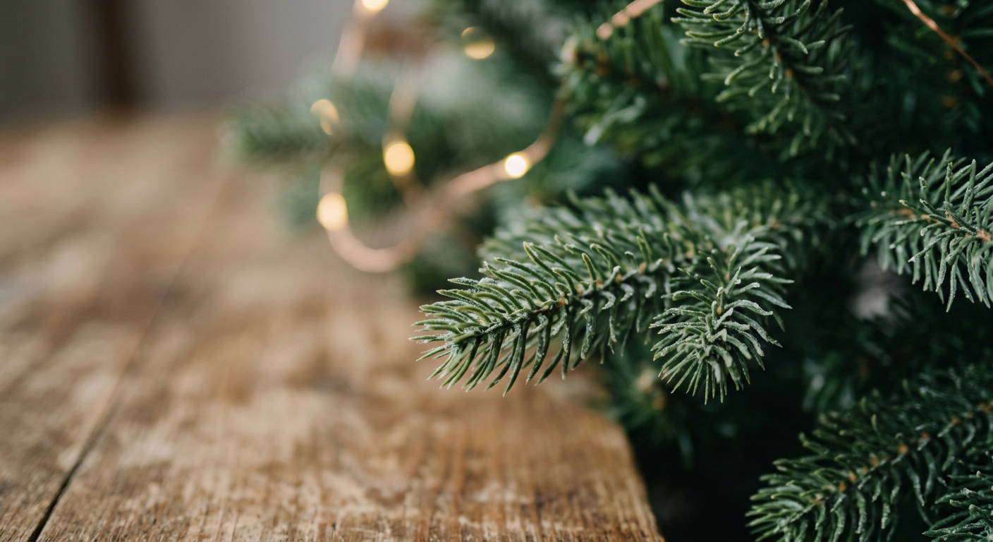 A close-up shot of realistic artificial Christmas tree branches with green needles and a few small pinecones, suggesting high quality imitation.