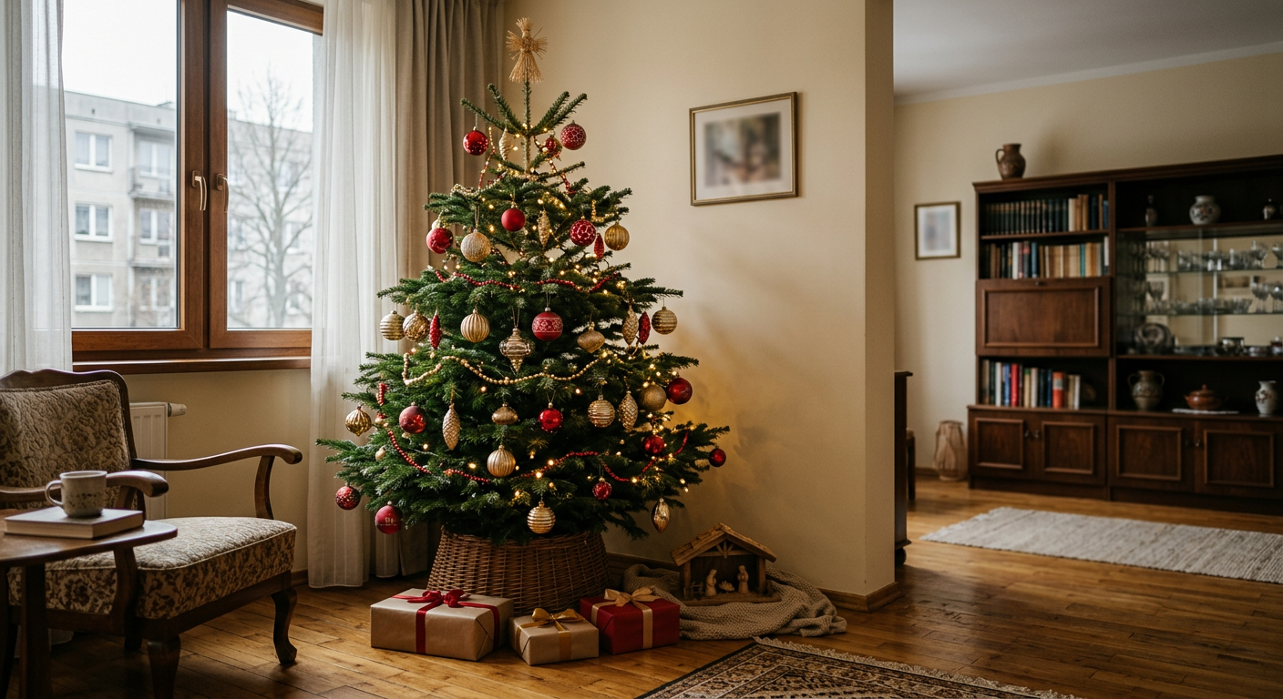 A close-up shot of a realistic artificial Christmas tree branch with green needles and a few small pinecones.