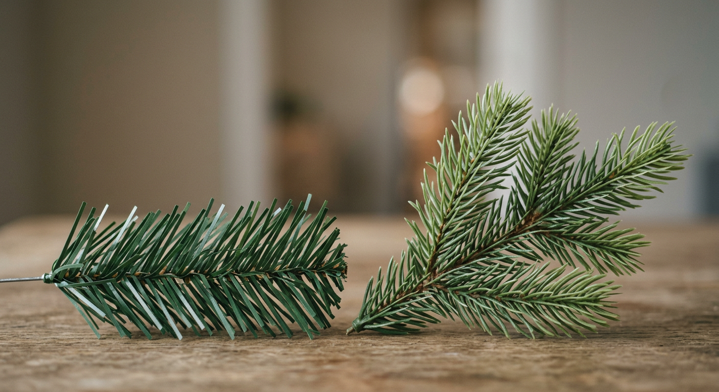 A close-up shot of a realistic artificial Christmas tree branch with green needles and a few small pinecones.