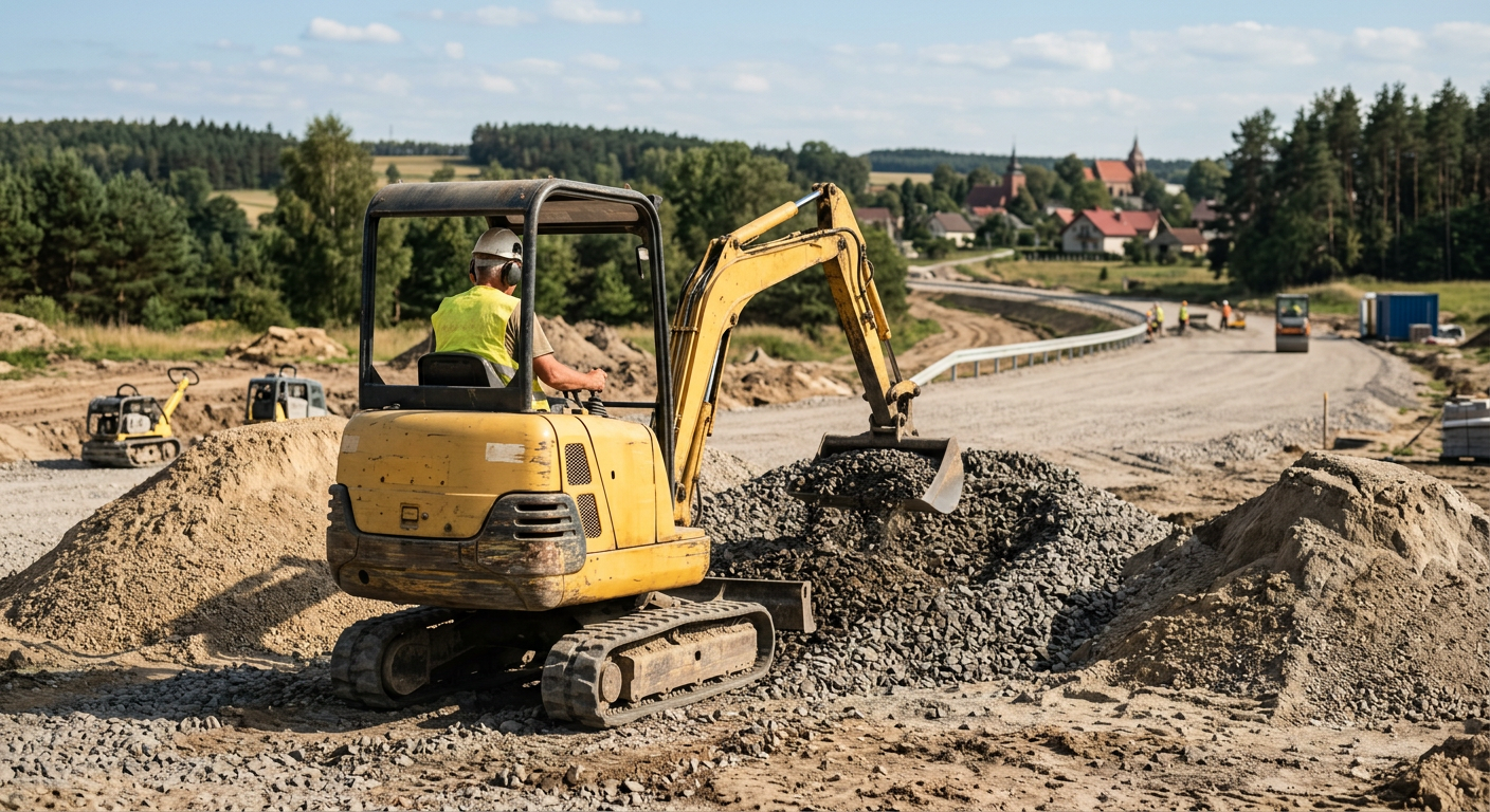 A close-up shot of various aggregates, including gravel and sand, being mixed together, with a blurred background suggesting a construction site.