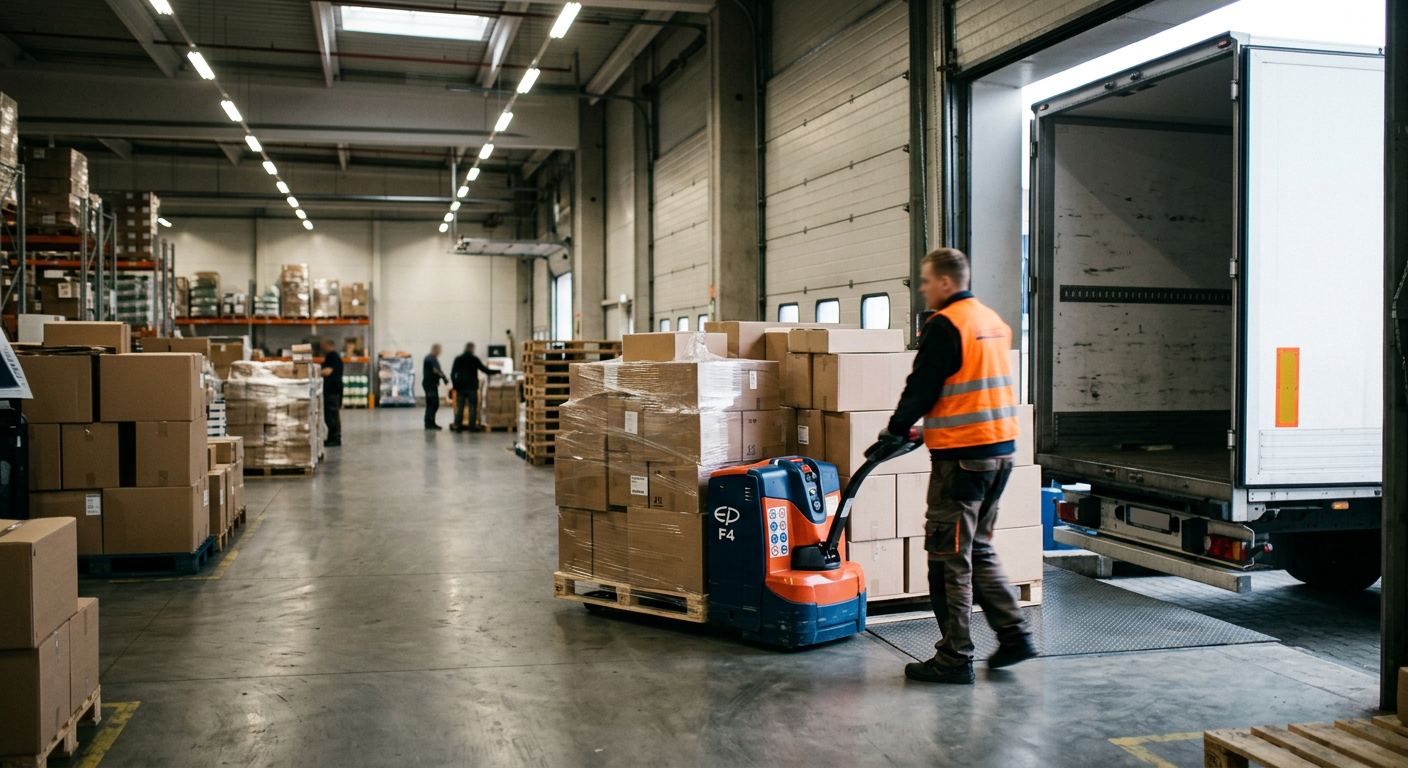 A person in work attire is operating a pallet jack in a warehouse setting, with shelves and boxes visible in the background.