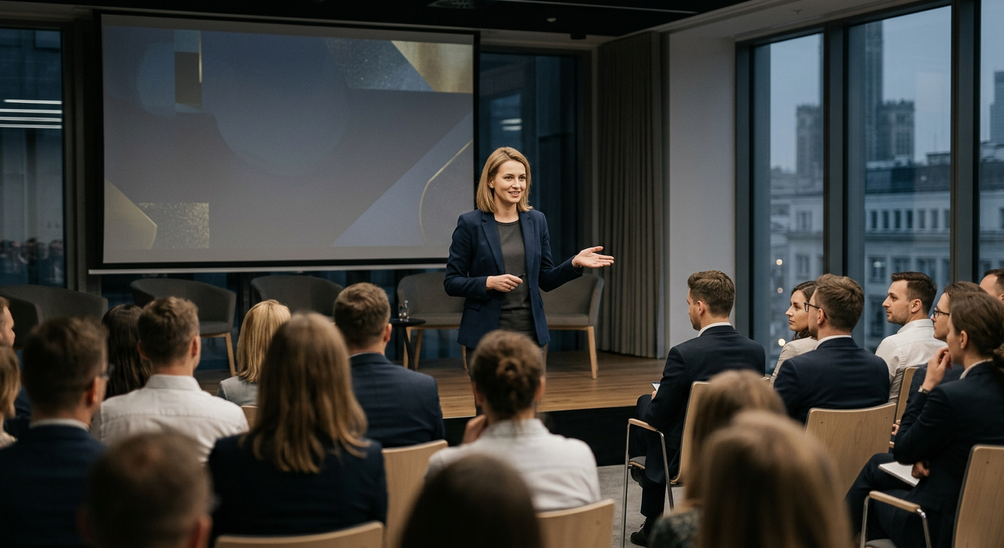 A woman in a professional setting is speaking to an audience, with a blurred background suggesting a conference or presentation.
