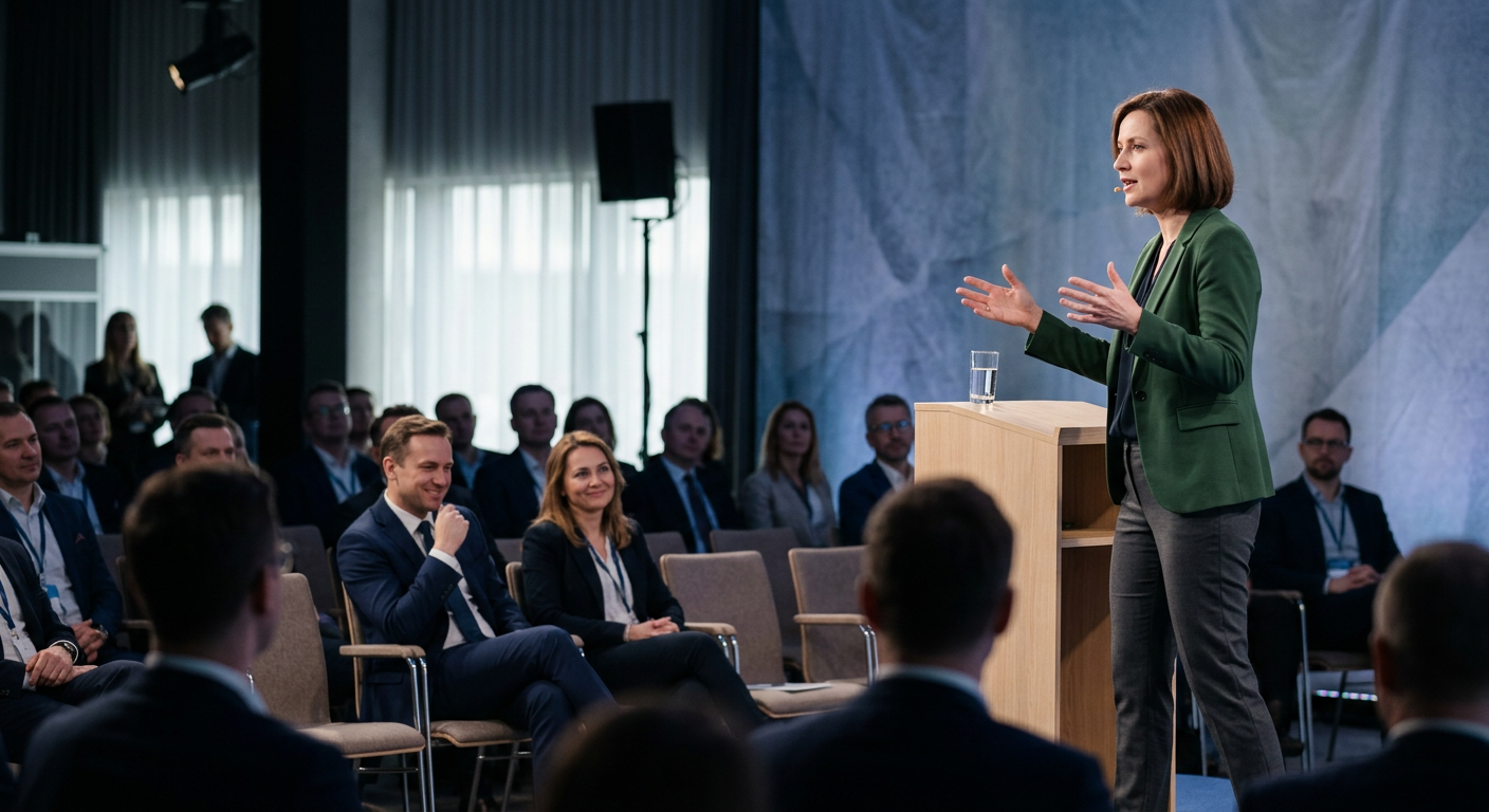 A person is giving a presentation to an engaged audience in a modern conference room.