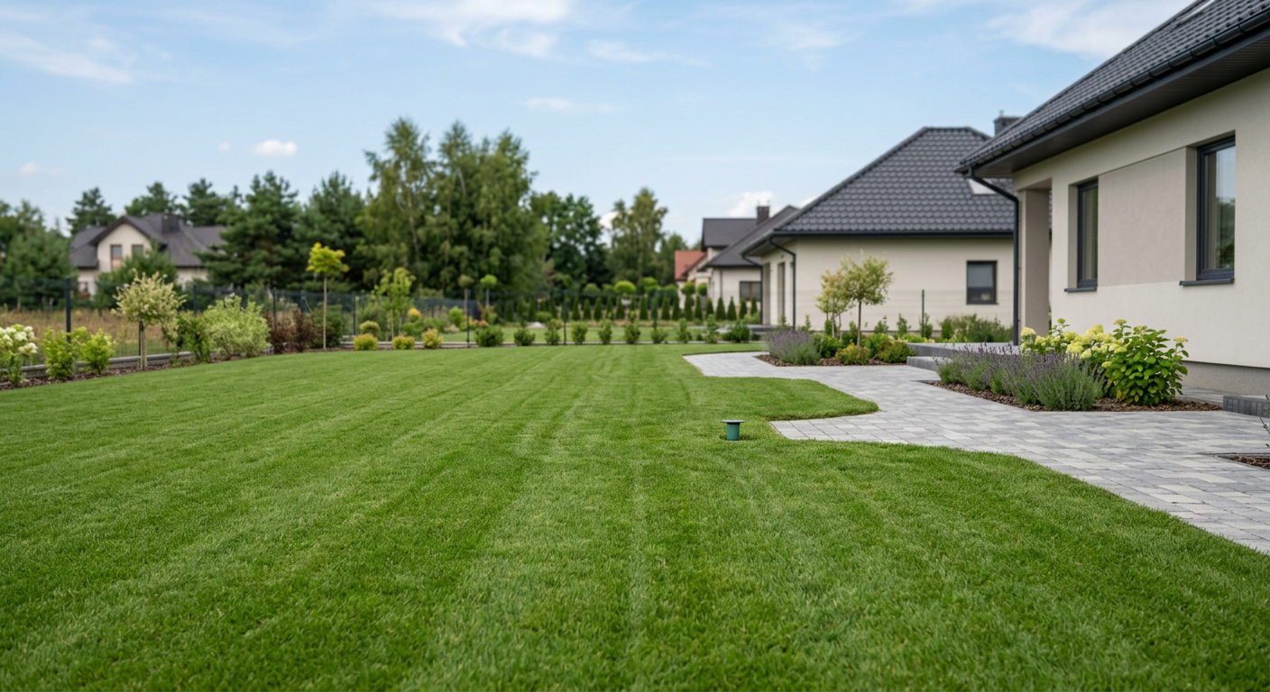 A close-up shot of freshly laid green grass rolls on a field under natural light.