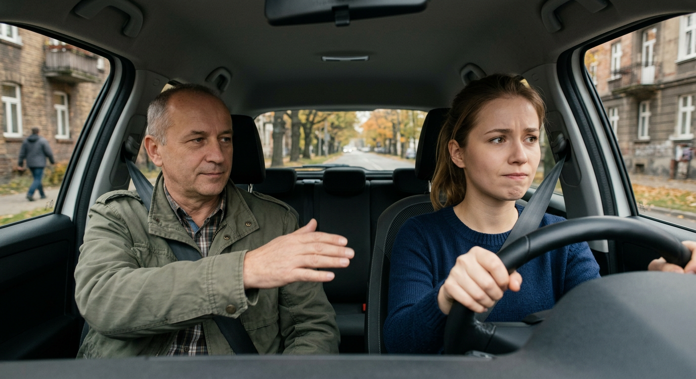 A young woman with brown hair is sitting in the driver's seat of a modern car, looking at the steering wheel with a focused expression, suggesting she is learning to drive.