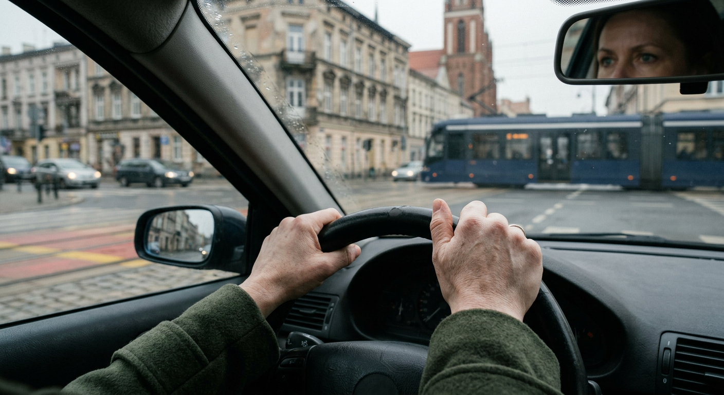 A young woman with brown hair is sitting in the driver's seat of a modern car, looking forward with a focused expression, suggesting she is learning to drive.