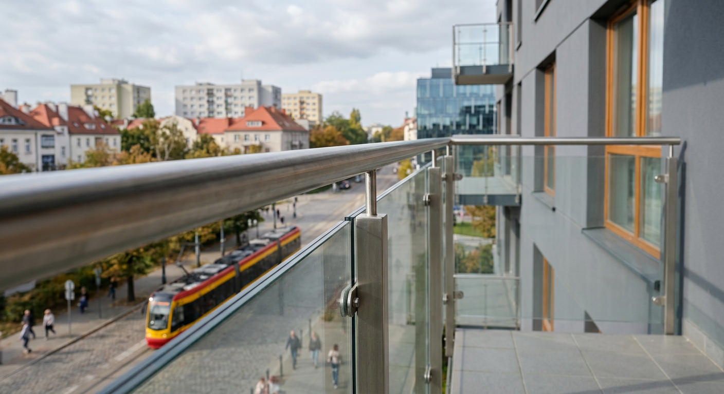 The image displays a modern building with several balconies featuring sleek, durable-looking glass and metal railings, suggesting a focus on robust balcony balustrades.