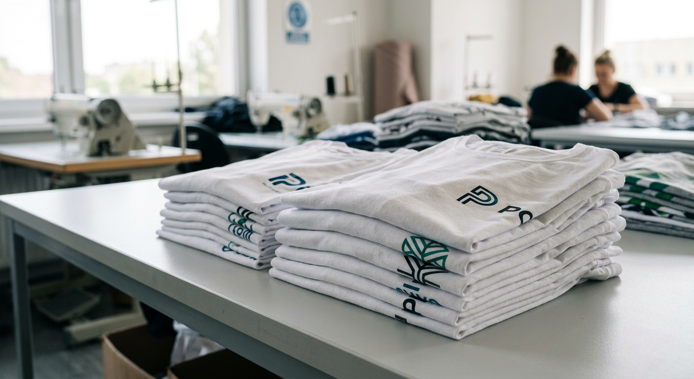 Stos starannie złożonych, świeżo wydrukowanych koszulek z różnymi logo firmowymi ułożony na czystym, jasnym stole w zakładzie produkcyjnym. Oświetlenie jest jasne i równomierne, podkreślając wyrazistość nadruków i jakość tkaniny, sugerując wydajność i gotowość do dystrybucji.