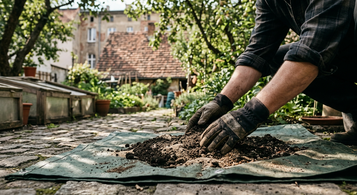 A close-up shot shows a person's hands mixing dark soil with lighter sand, indicating the preparation of a soil mixture.