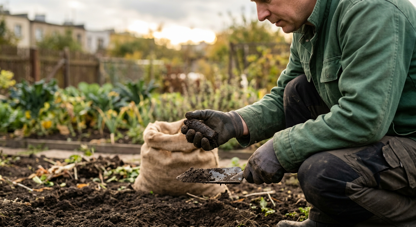 A close-up shot of rich, dark soil being mixed with sand and other organic materials, suitable for garden beds.