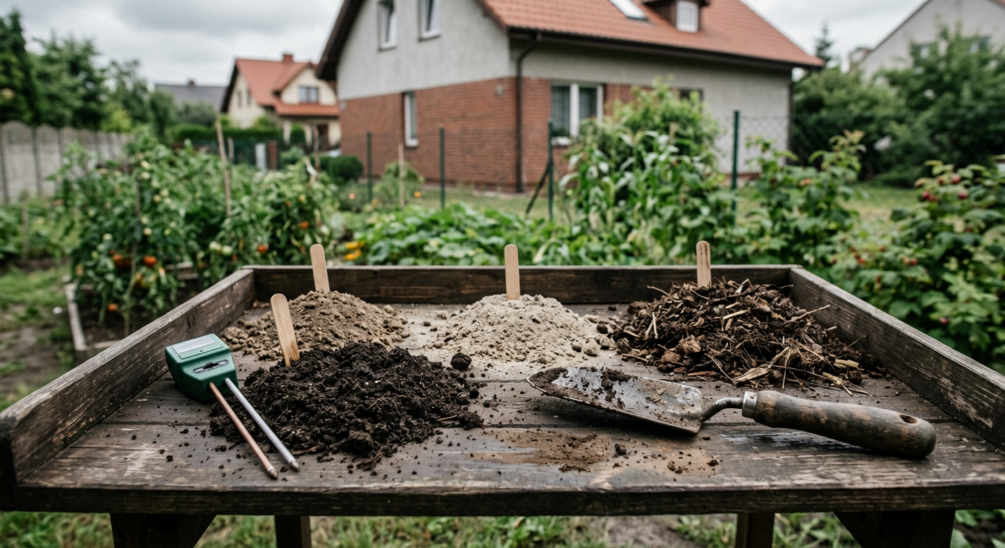 A close-up shot of rich, dark soil with visible organic matter, suggesting a healthy and fertile ground for planting.