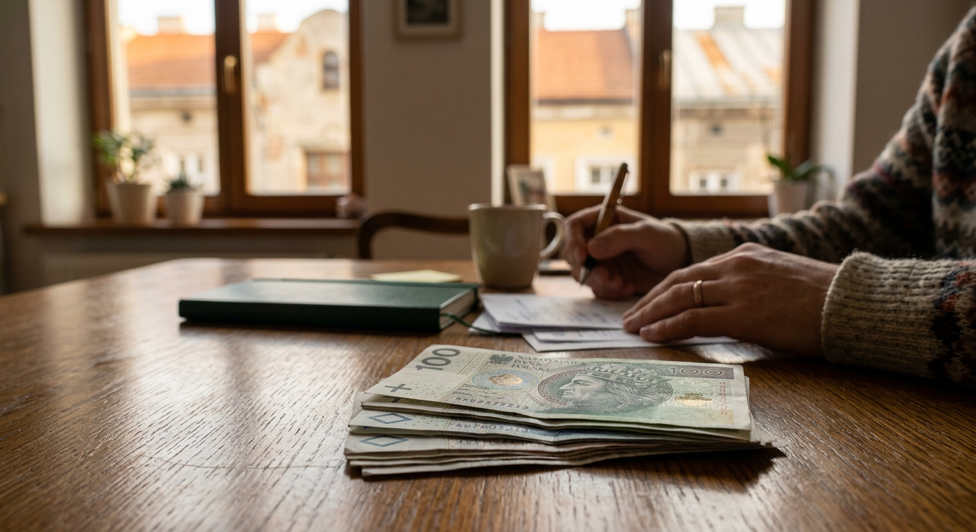 Zbliżenie na stos banknotów polskich złotych, starannie ułożonych na wypolerowanym drewnianym biurku. W tle widać parę dłoni, jedna trzyma długopis, co sugeruje planowanie finansowe. Oświetlenie jest miękkie i naturalne, podkreślając teksturę pieniędzy.