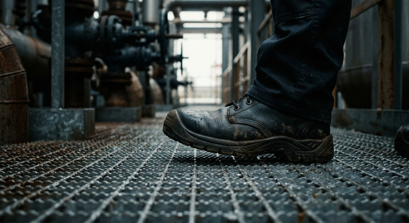 A close-up shot of a galvanized welded grating with a blurred industrial background, highlighting its texture and structure.