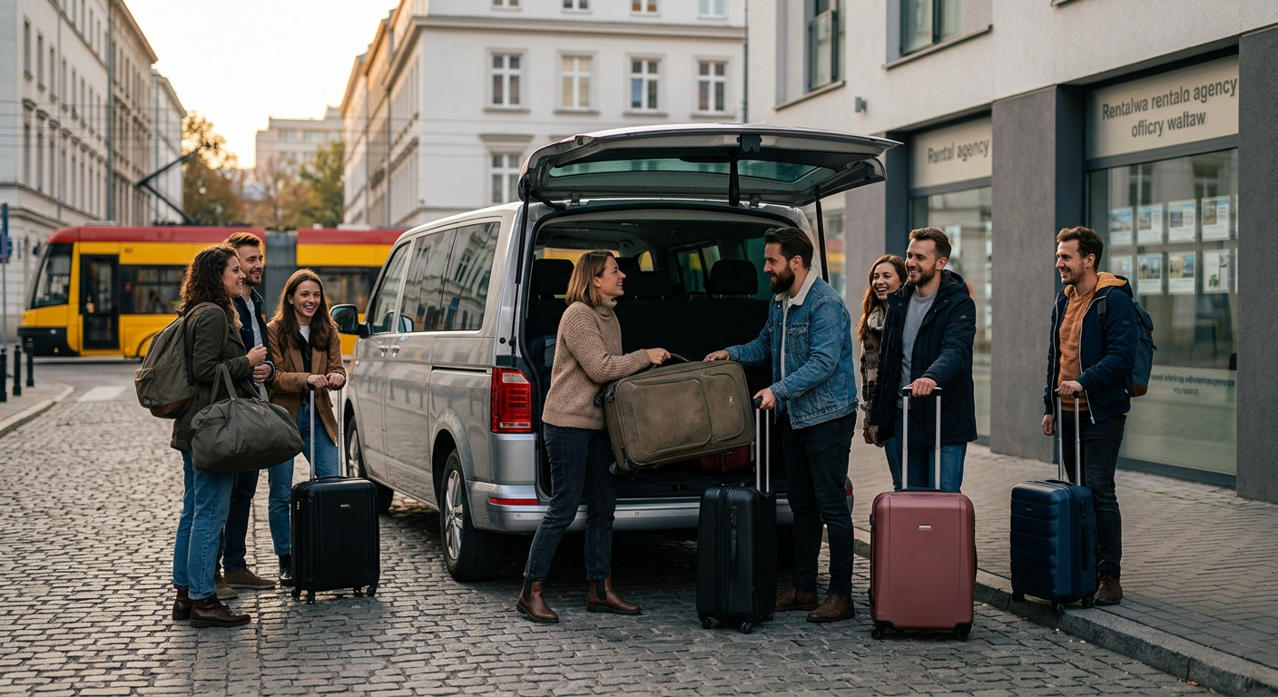 Grupa dziewięciu przyjaciół, różnorodnych pod względem wieku i pochodzenia etnicznego, radośnie ładuje bagaże do tyłu dużego 9-osobowego busa przed biurem wypożyczalni. Tylne drzwi busa są otwarte, ukazując dużą przestrzeń ładunkową. Przyjaciele uśmiechają się i rozmawiają, niektórzy trzymają walizki i plecaki, co wskazuje na początek wspólnych wakacji. Budynek wypożyczalni jest nowoczesny i czysty.