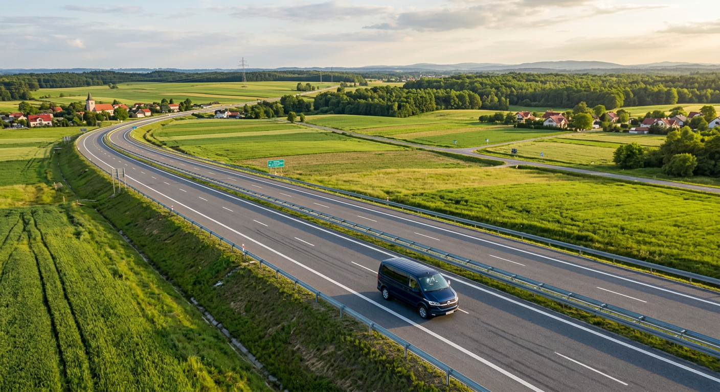 Widok z lotu ptaka przedstawia pojedynczy 9-osobowy bus pasażerski jadący po wielopasmowej autostradzie, otoczonej bujnymi zielonymi polami i odległymi wzgórzami. Bus jest wyraźnie widoczny jako jedyny pojazd na swoim pasie, co podkreśla jego efektywność w porównaniu do wielu samochodów. Autostrada jest dobrze utrzymana, a pogoda słoneczna, co sugeruje idealne warunki podróży.