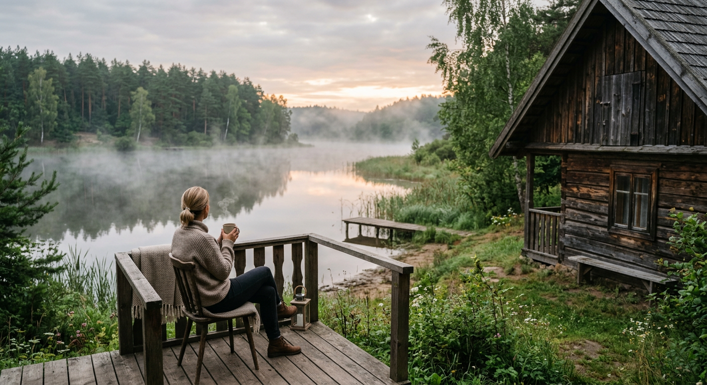 A person is sitting on a wooden pier, looking out at a calm lake surrounded by trees, with a small boat nearby.