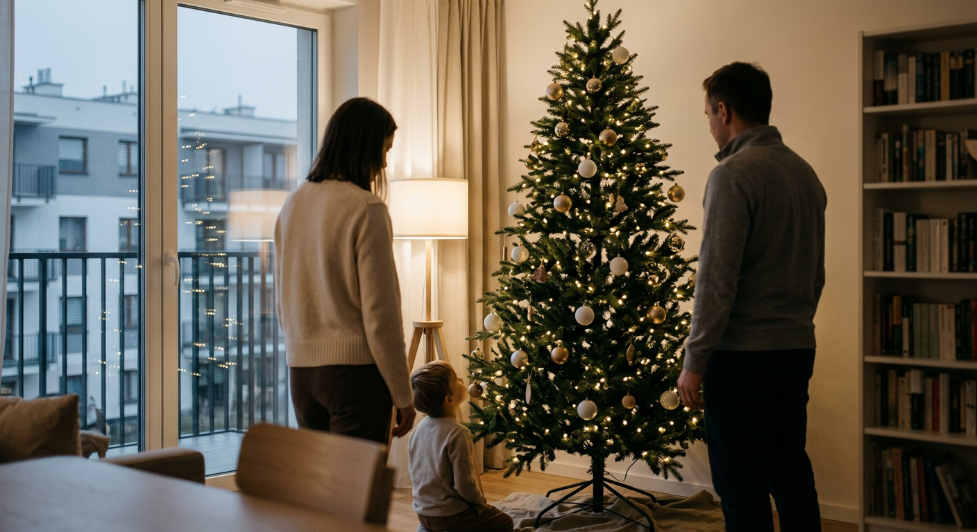 A beautifully decorated tall Christmas tree stands majestically in a cozy, festive room, illuminated by warm lights.