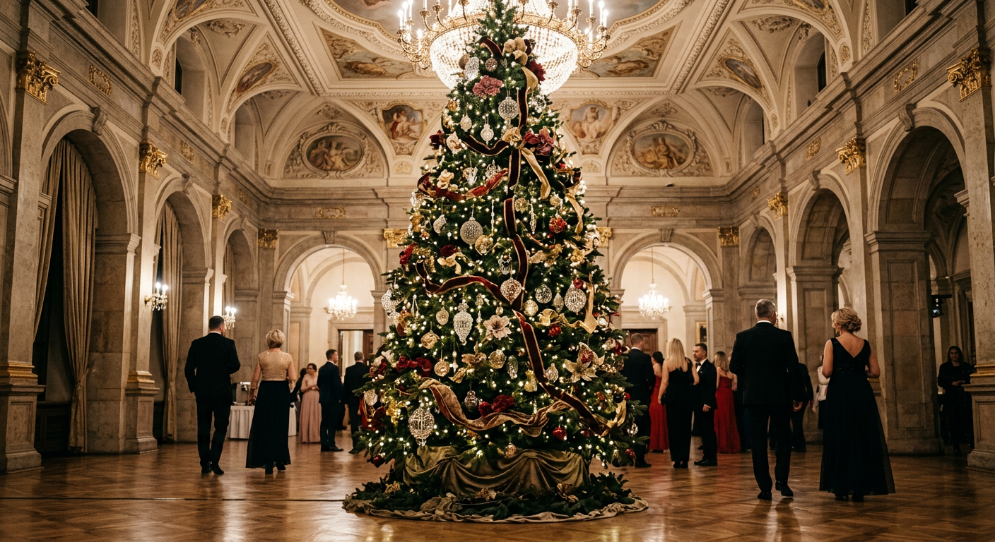 A beautifully decorated tall Christmas tree stands majestically in a cozy, festive room, illuminated by warm lights.
