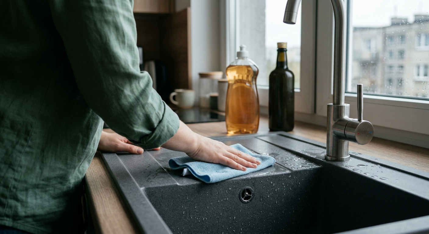 A close-up shot of a person's hands cleaning a dark granite sink with a sponge and dish soap, with water running from the faucet.