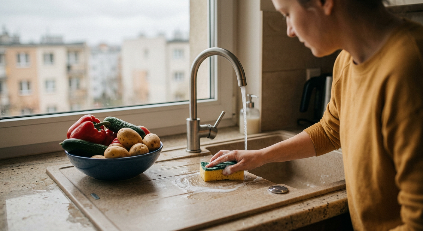 A close-up shot of a person's hands cleaning a dark granite sink with a sponge and dish soap, with water running.