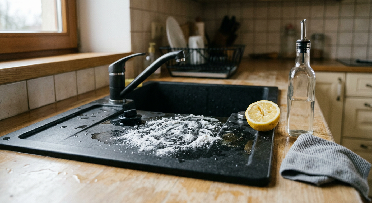 A close-up shot of a person's hands cleaning a dark granite sink with a sponge and dish soap, with water running from the faucet.
