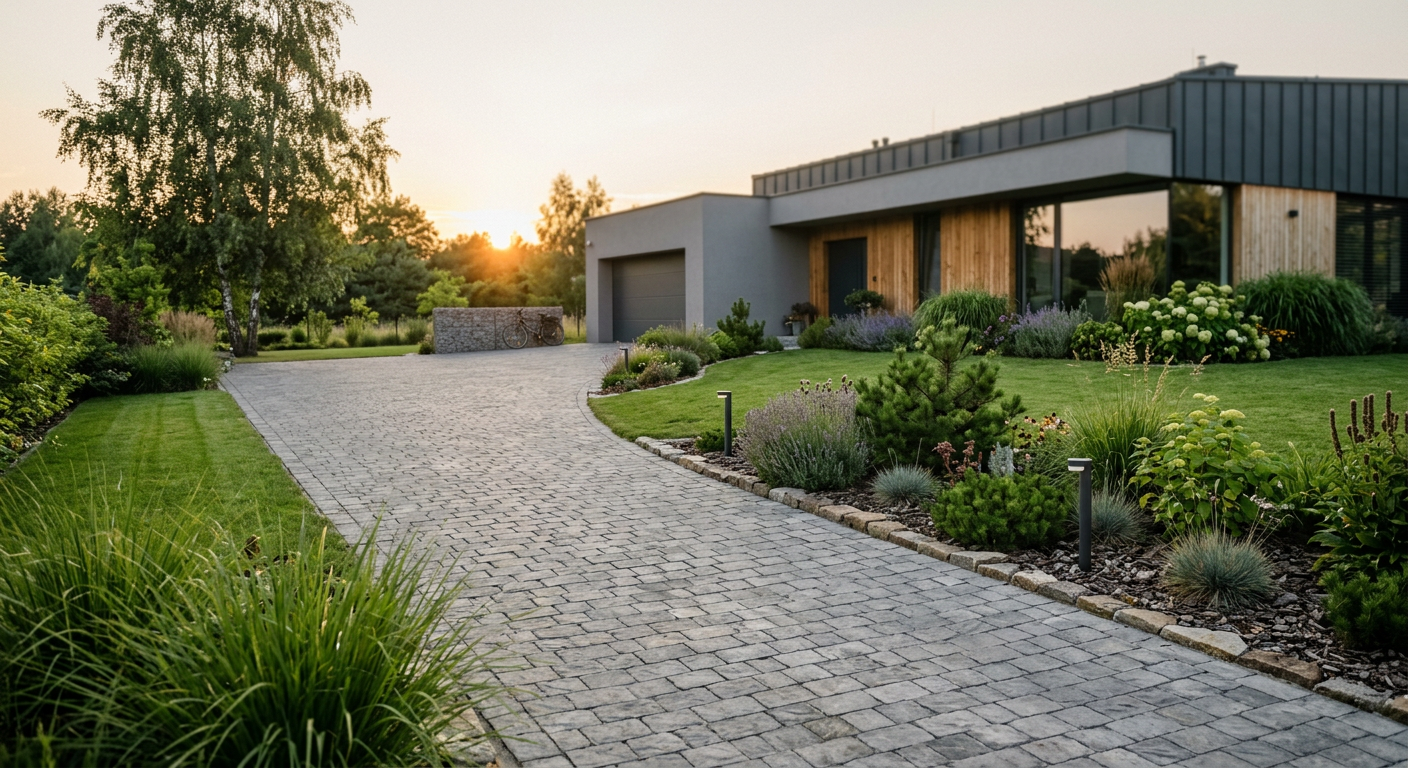 A well-maintained garden with a variety of green plants and flowers, featuring a stone path and a wooden fence, suggesting a professionally designed and established outdoor space.