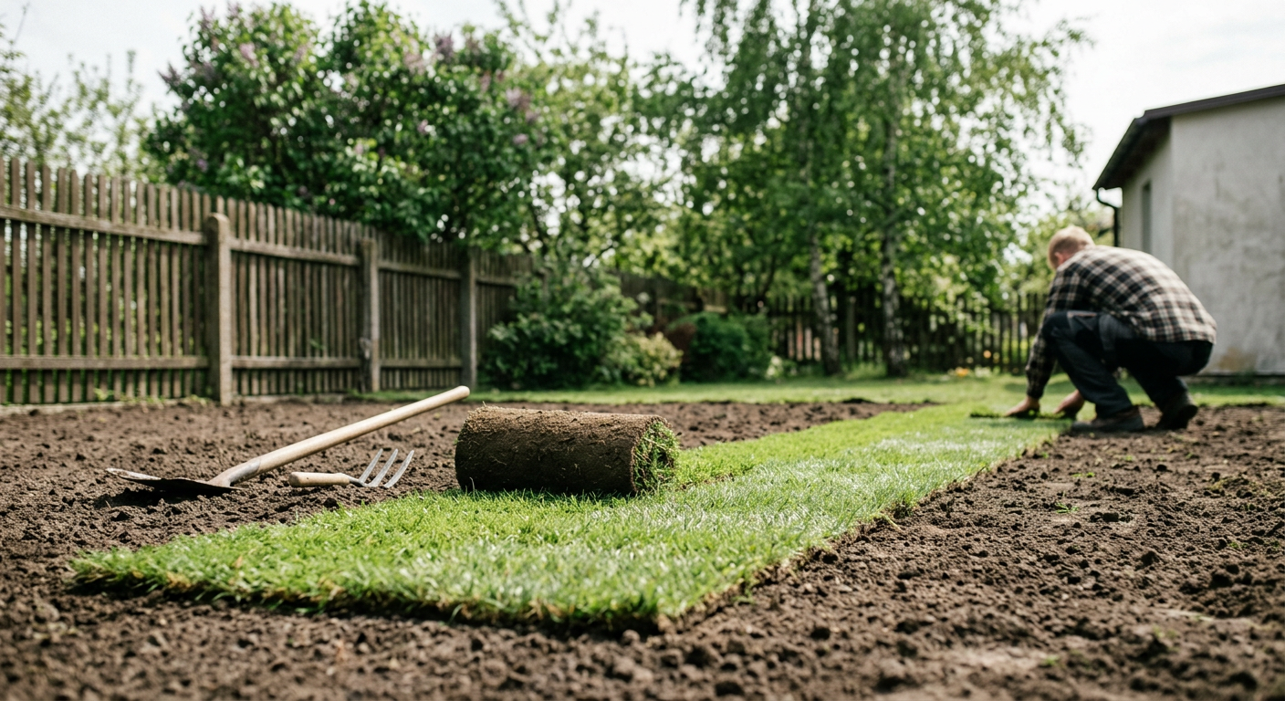 The image displays a beautifully designed garden with lush greenery, various plants, and a stone pathway, suggesting professional landscaping.