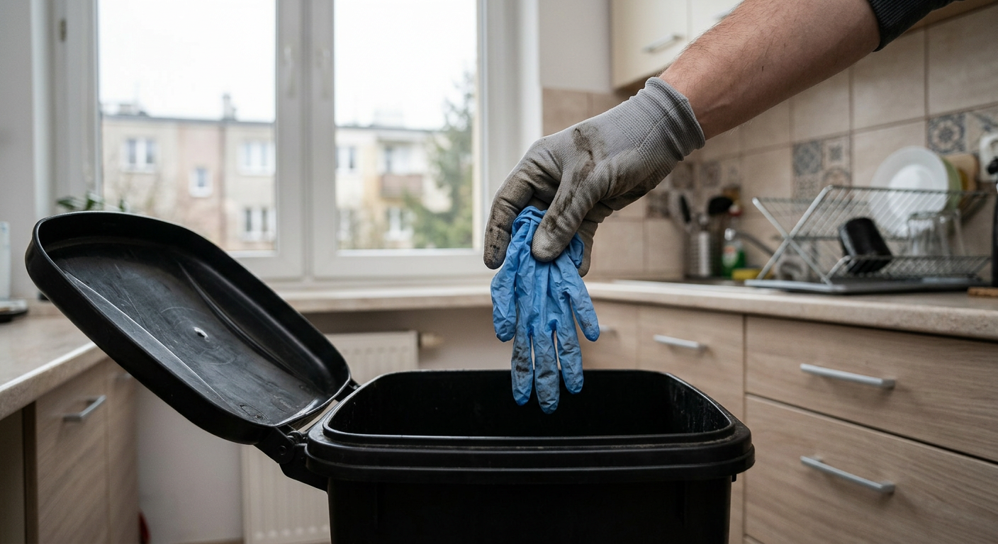 A person is shown disposing of a disposable glove into a waste bin, with a focus on the act of discarding the glove.