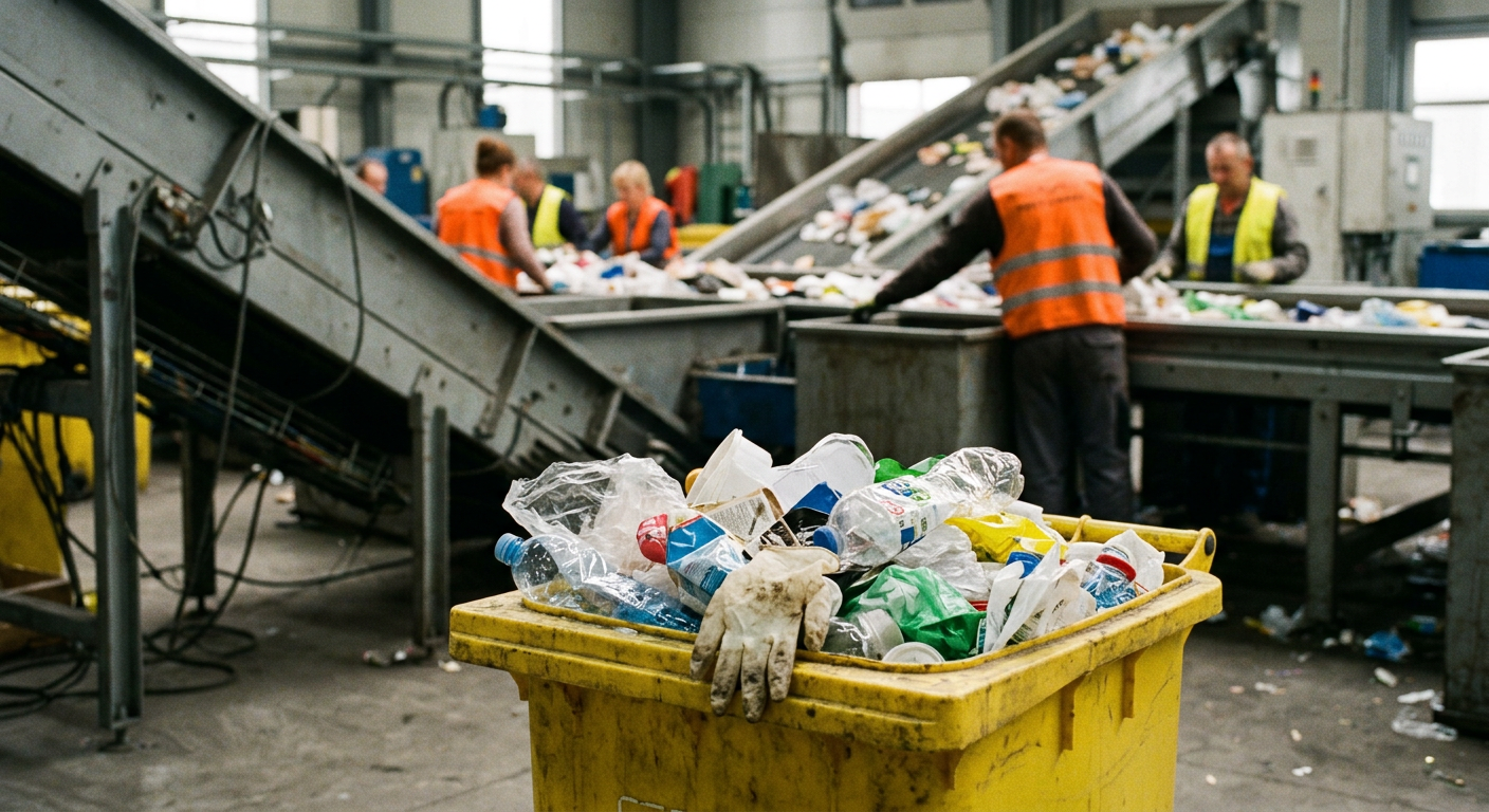 A person is shown disposing of a disposable glove into a waste bin, with a focus on the act of discarding.