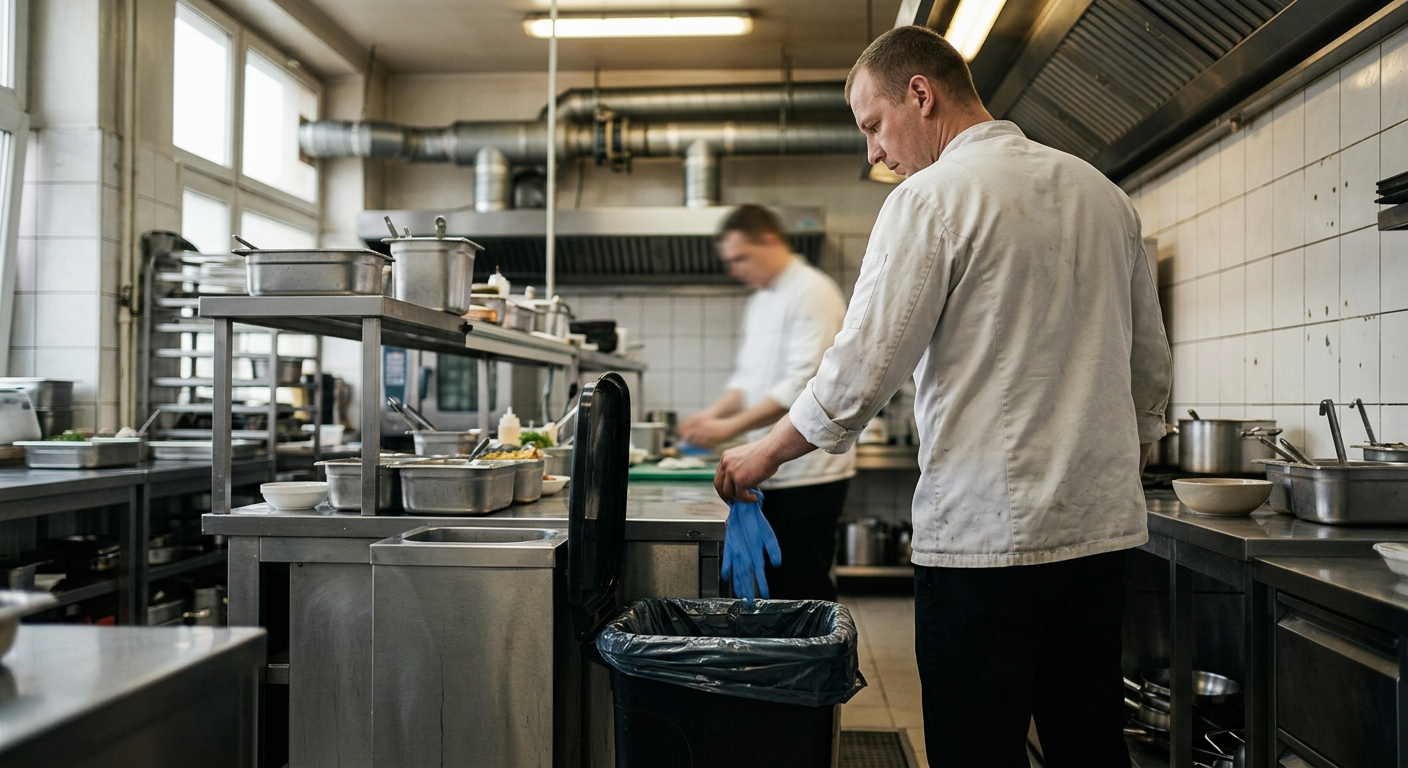 A person is shown disposing of a disposable glove into a waste bin, with a focus on the act of discarding.