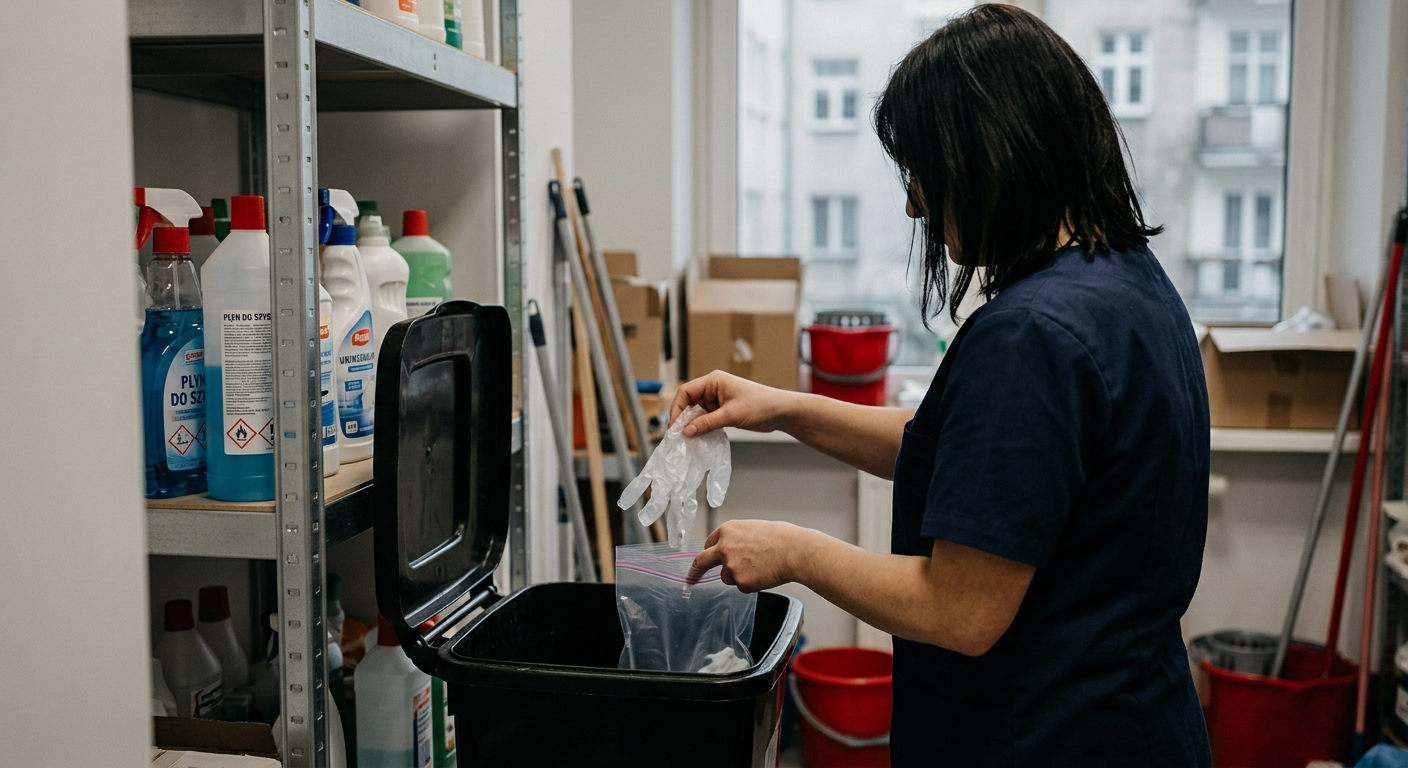 A person is shown disposing of a disposable glove into a waste bin, with a focus on the act of discarding.