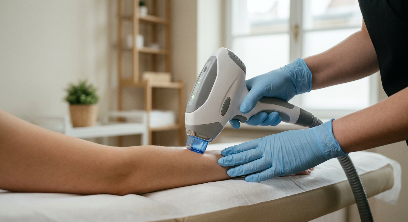 A close-up shot of a person's hand holding a modern, sleek laser device, with a blurred background suggesting a professional or medical setting.