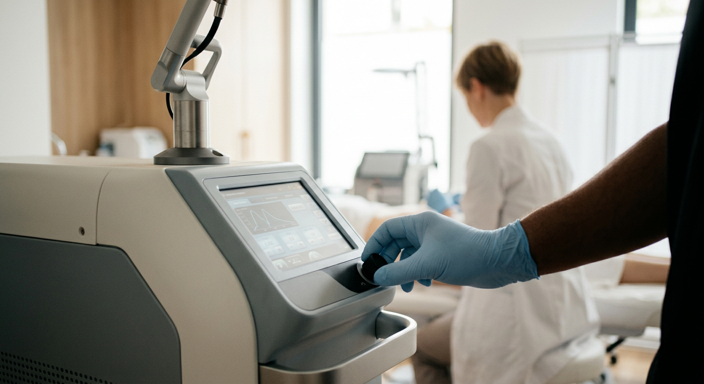 A close-up shot shows a person's arm with a tattoo being treated by a laser device, highlighting the tattoo removal process.